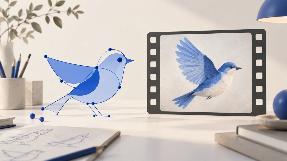 Conceptual blue bird made of editable curves beside a textured bird inside a film frame on a plain ivory design desk