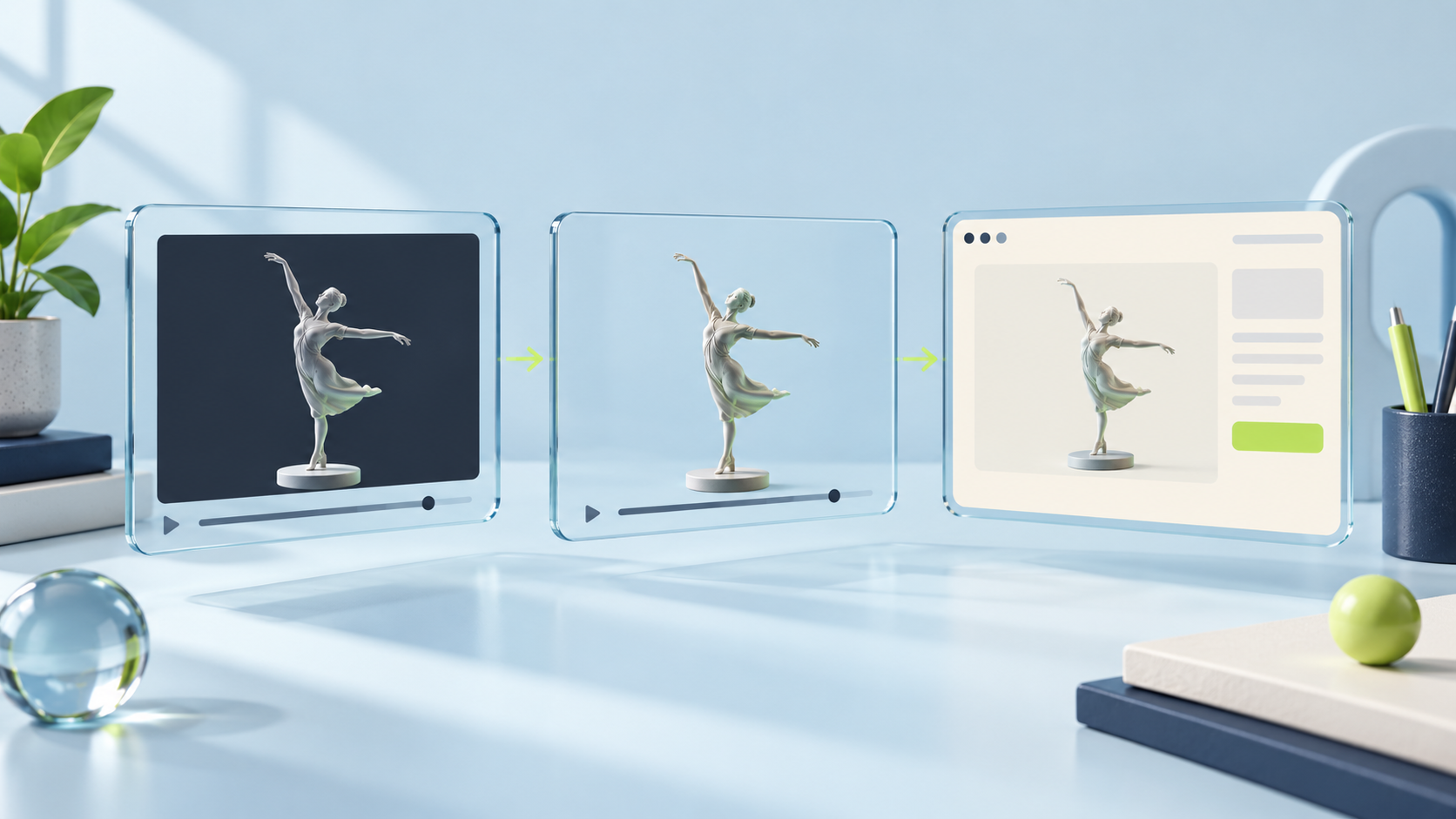 Conceptual video frames comparing an opaque background, a transparent cutout, and website compositing.