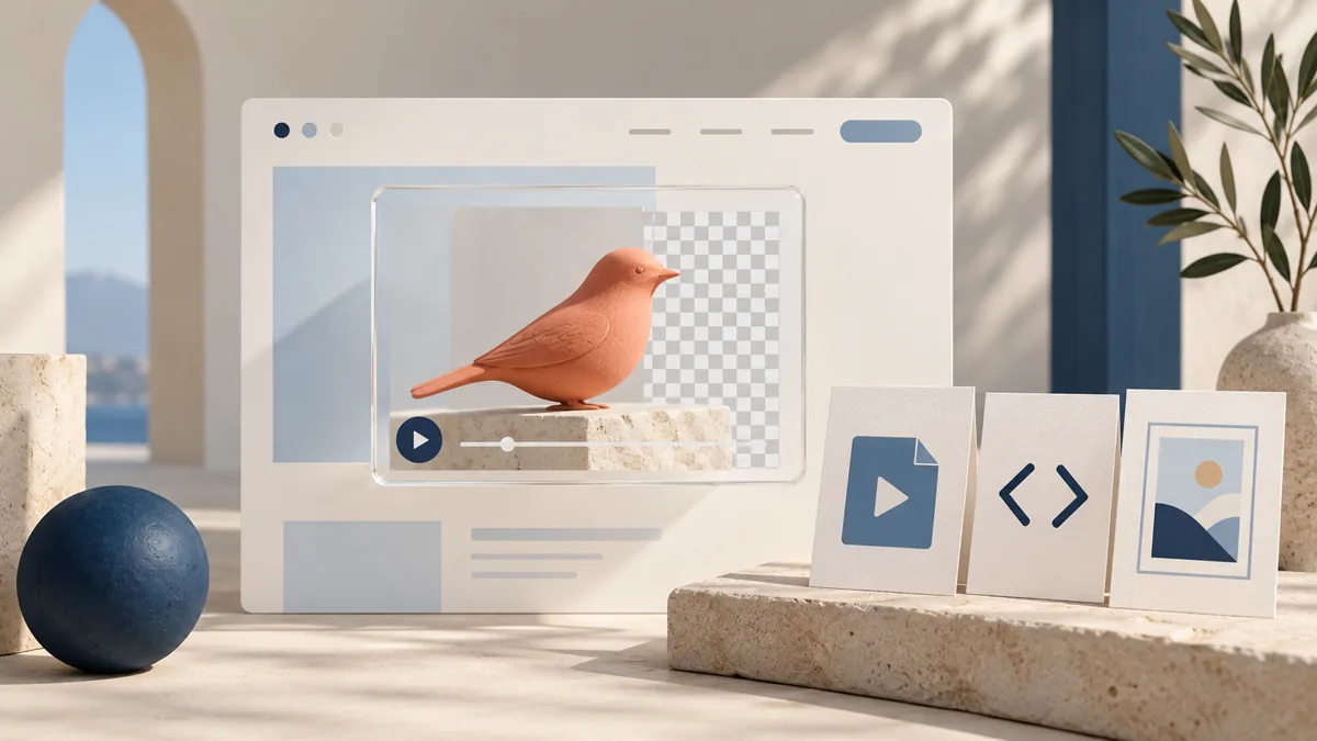 Concept illustration of a coral bird in a transparent media frame above an ivory website canvas, beside file, code and poster cards