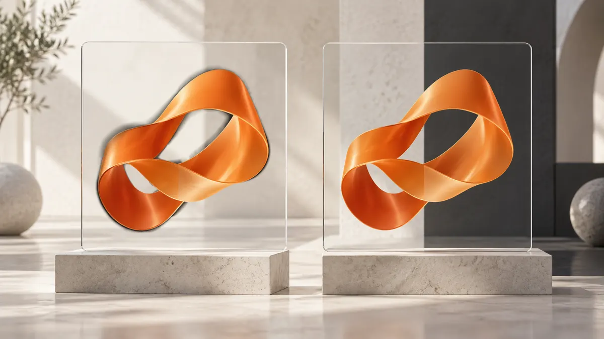 Original orange sculptural ribbon on light and dark panels, illustrating a contaminated edge beside a clean transparent edge