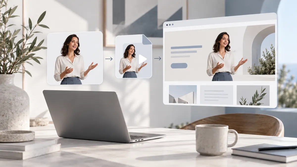 Conceptual presenter cutout, transparent export and finished website shown as three distinct handoff choices