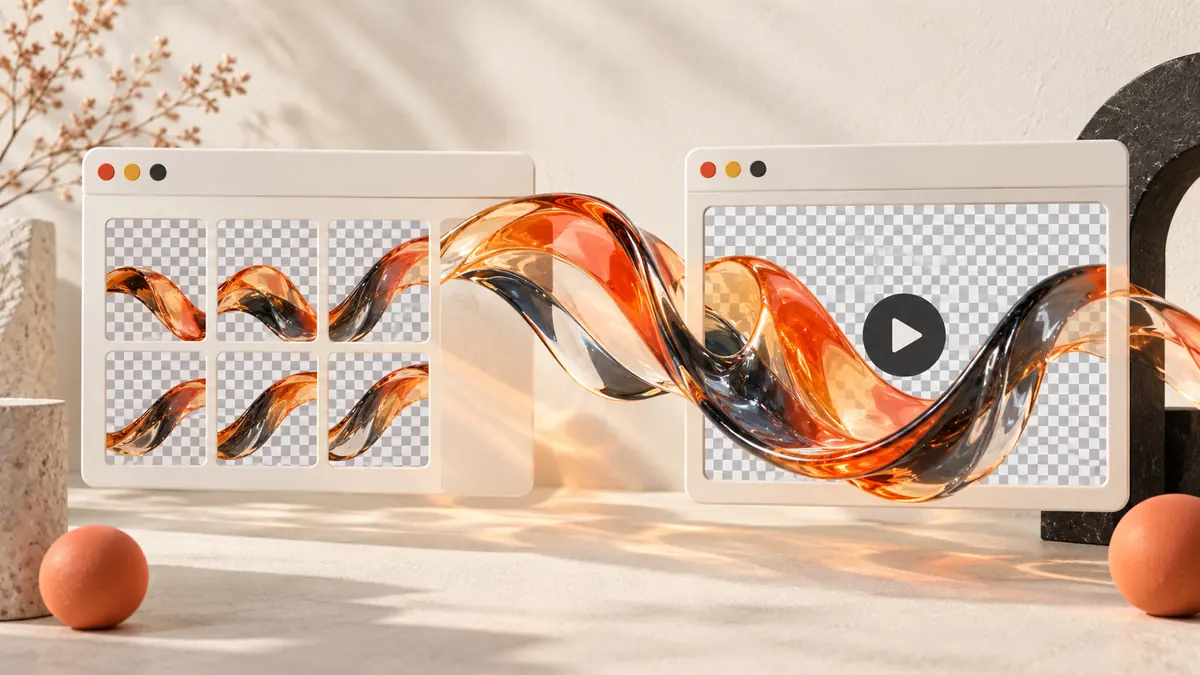 Transparent sculptural ribbon presented as image frames and a video playback frame on a light website background
